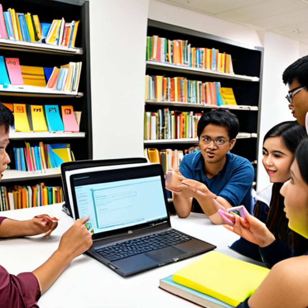 **Image Prompt:** A diverse group of Malaysian students working collaboratively on a research project at a university library. Some are discussing data on laptops, others are brainstorming ideas on a whiteboard filled with colorful sticky notes. The atmosphere is energetic and positive, reflecting shared responsibility and effective communication. In the background, shelves of books symbolize the wealth of knowledge they are accessing together.