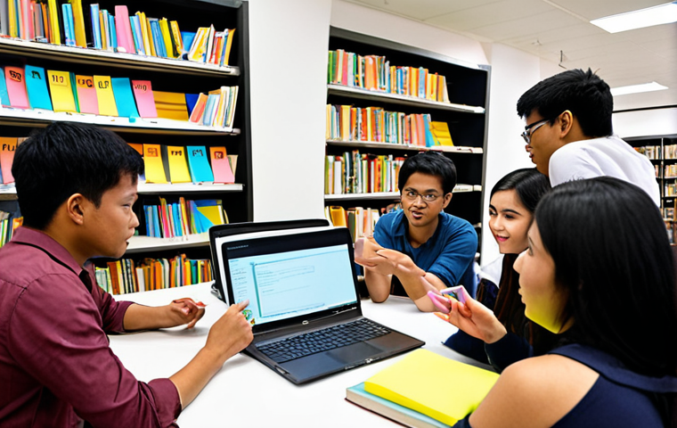 **Image Prompt:** A diverse group of Malaysian students working collaboratively on a research project at a university library. Some are discussing data on laptops, others are brainstorming ideas on a whiteboard filled with colorful sticky notes. The atmosphere is energetic and positive, reflecting shared responsibility and effective communication. In the background, shelves of books symbolize the wealth of knowledge they are accessing together.
